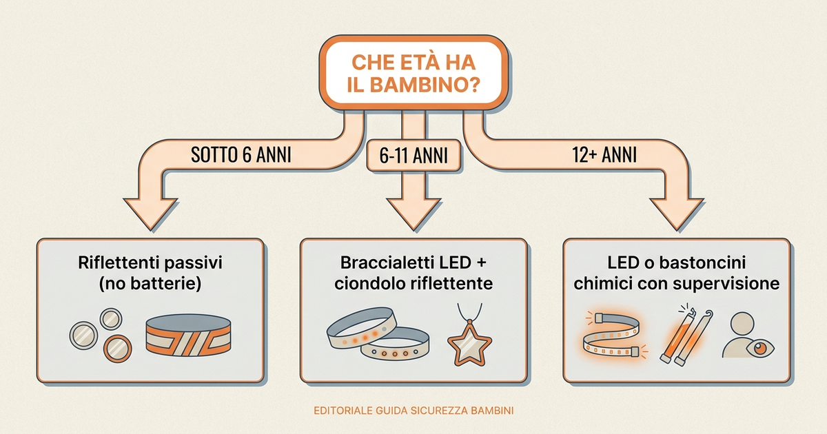 Albero decisionale per scegliere l'accessorio luminoso o riflettente più adatto in base all'età del bambino e al budget