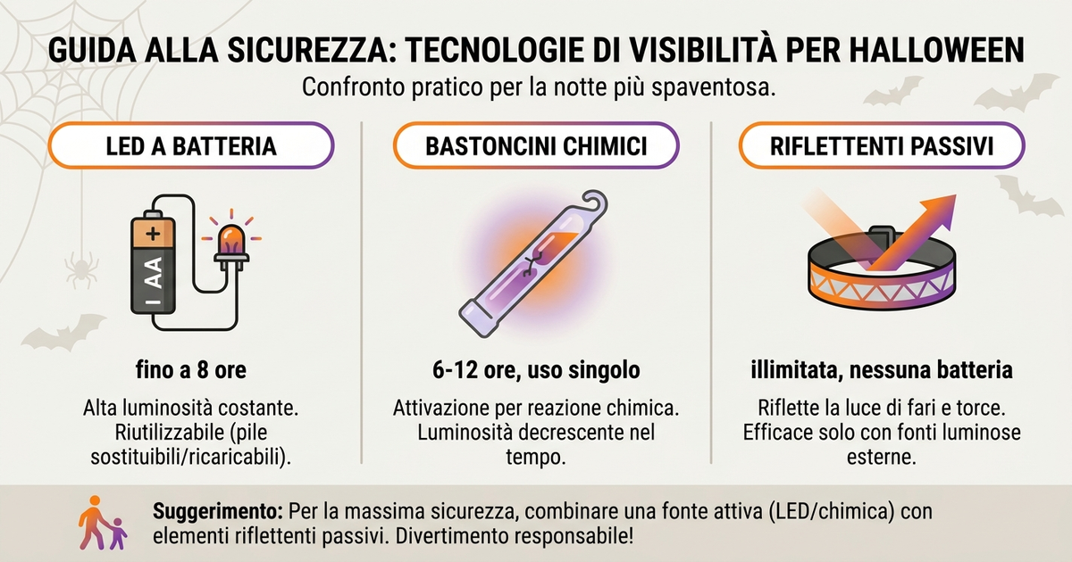 Infografica di confronto tra braccialetti LED a batteria, bastoncini luminosi chimici e fasce catarifrangenti passive, con durata, distanza di visibilità e fascia d'età