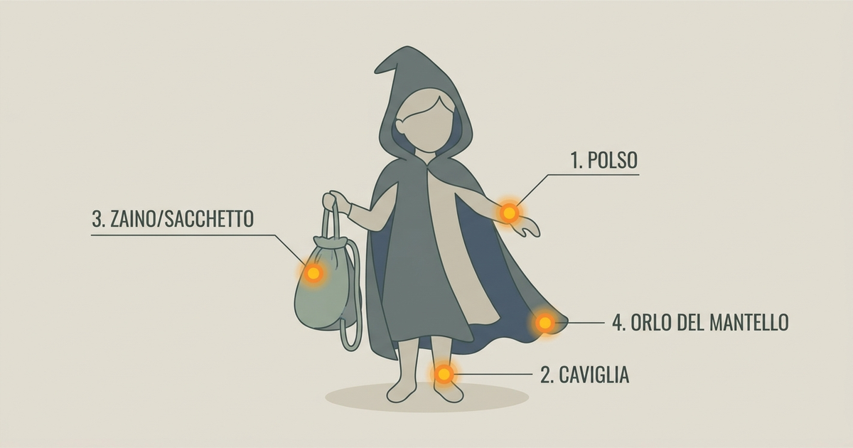 Diagramma con 4 punti del corpo dove posizionare accessori luminosi e riflettenti su un bambino in costume da Halloween: polso, caviglia, zaino e mantello