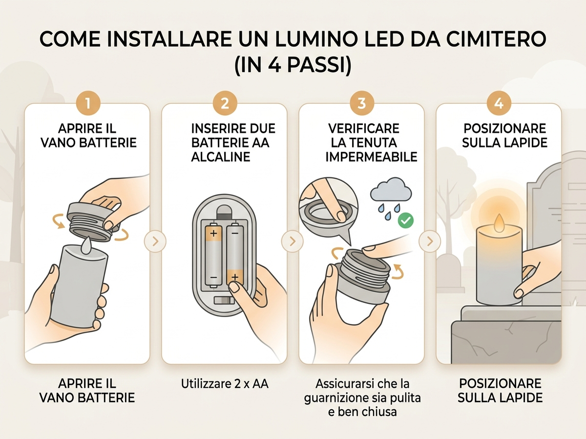 Come installare un lumino LED da cimitero in 4 passaggi: vano batterie, batterie AA, tenuta impermeabile, posizionamento sulla lapide