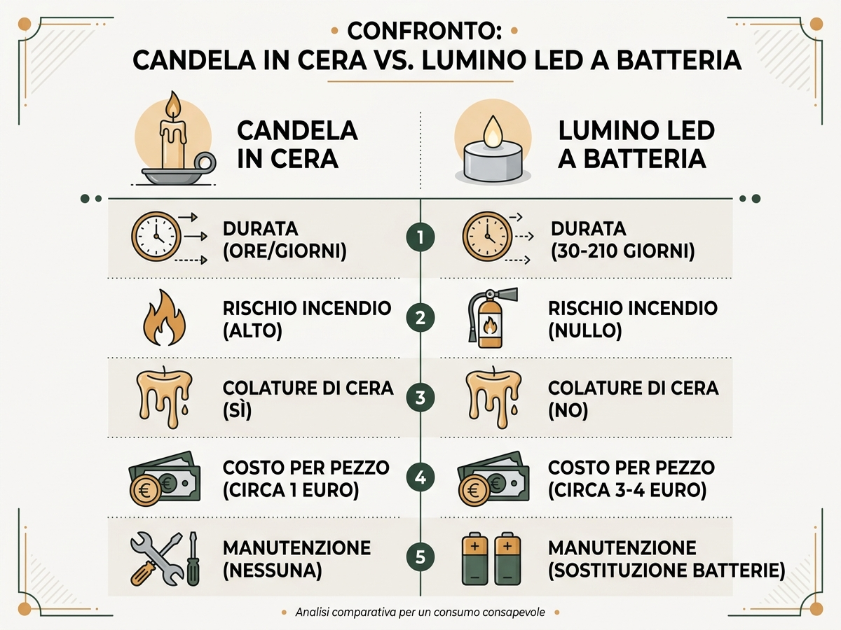 Confronto tra candela in cera e lumino LED a batteria: durata, rischio incendio, colature, costo e manutenzione