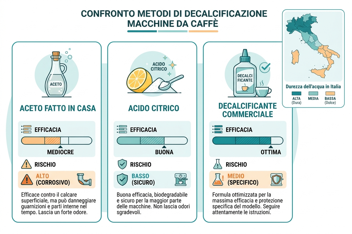 Infografica sulla durezza dell'acqua nelle regioni italiane e impatto sul calcare nelle macchine da caffè