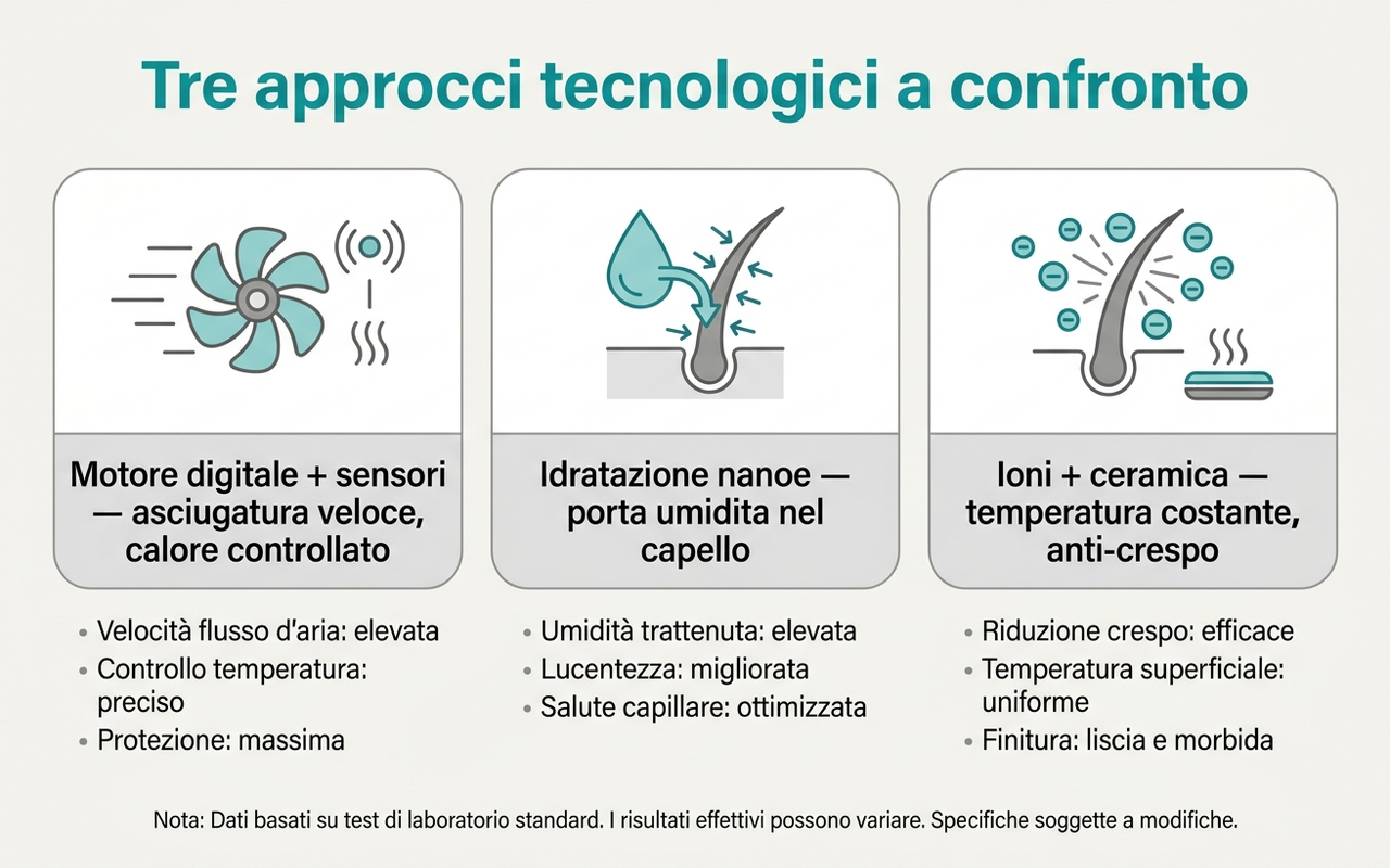 Tre approcci tecnologici degli asciugacapelli a confronto