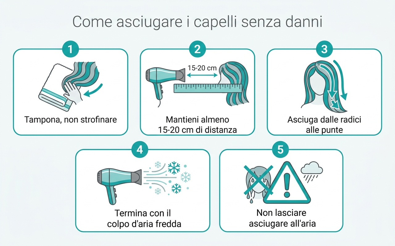 Come asciugare i capelli senza danni: distanza e temperatura