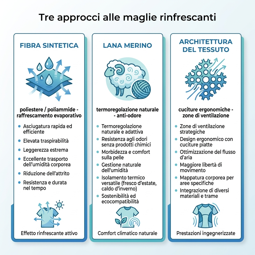 Tre approcci tecnologici alle maglie rinfrescanti a confronto