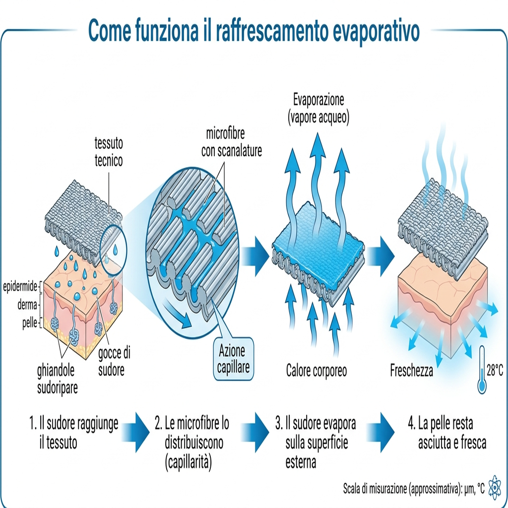 Schema del raffrescamento evaporativo di una maglia tecnica