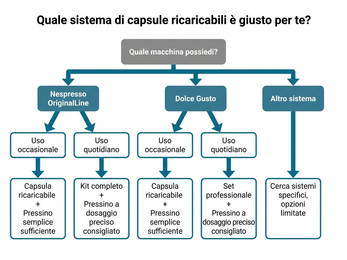 Albero decisionale per scegliere il sistema di capsule ricaricabili con pressino in base alla macchina posseduta e alla frequenza d'uso