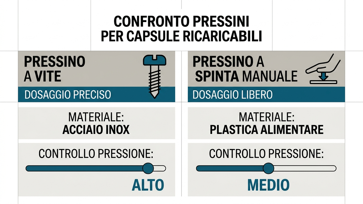 Infografica che confronta il pressino a vite con dosaggio preciso e il pressino a spinta manuale con dosaggio libero per capsule di caffè ricaricabili