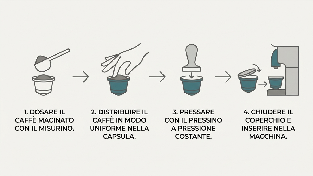 Diagramma con 4 passaggi per usare il pressino: dosare il caffè, distribuirlo, pressare e chiudere la capsula ricaricabile