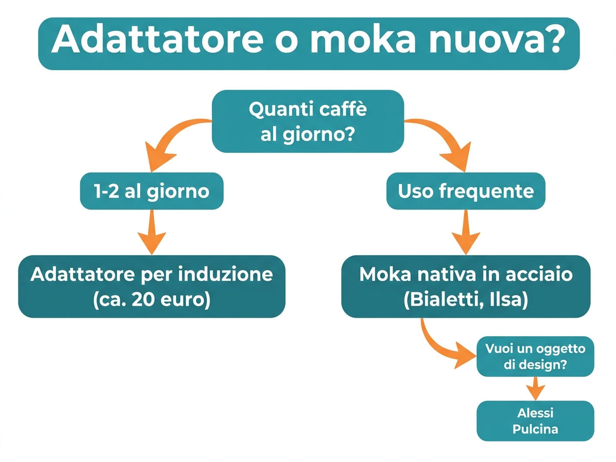 Albero decisionale: adattatore per induzione o moka nuova in acciaio, in base a frequenza d'uso e budget