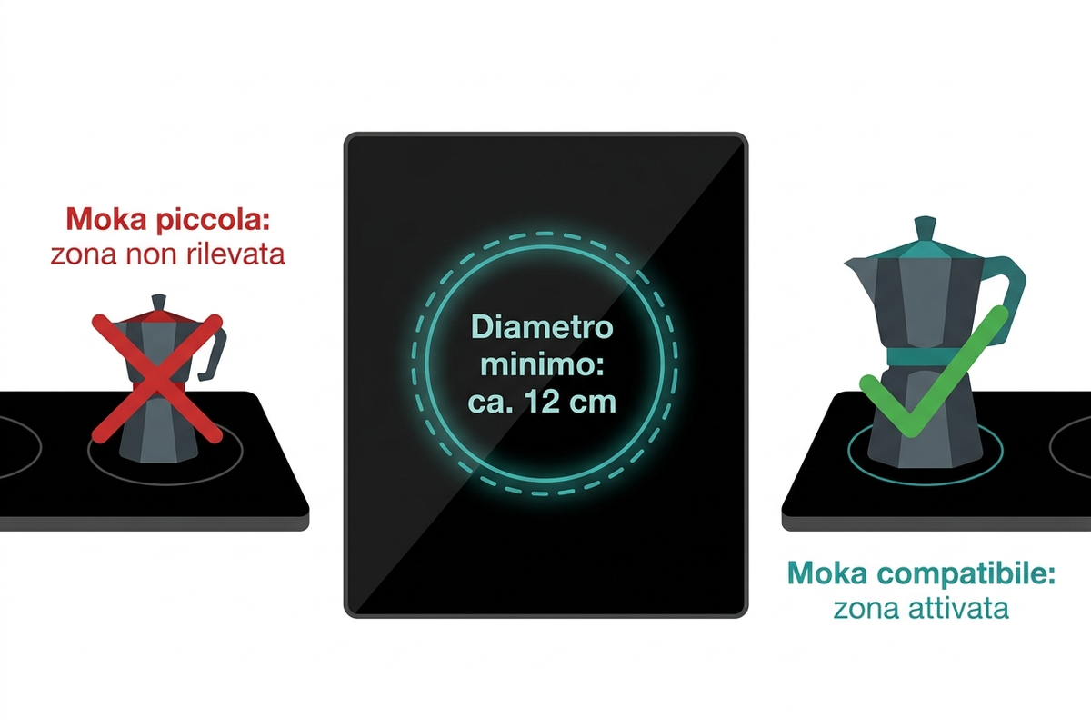 Infografica: diametro minimo richiesto dalla zona a induzione e moka compatibile o non rilevata