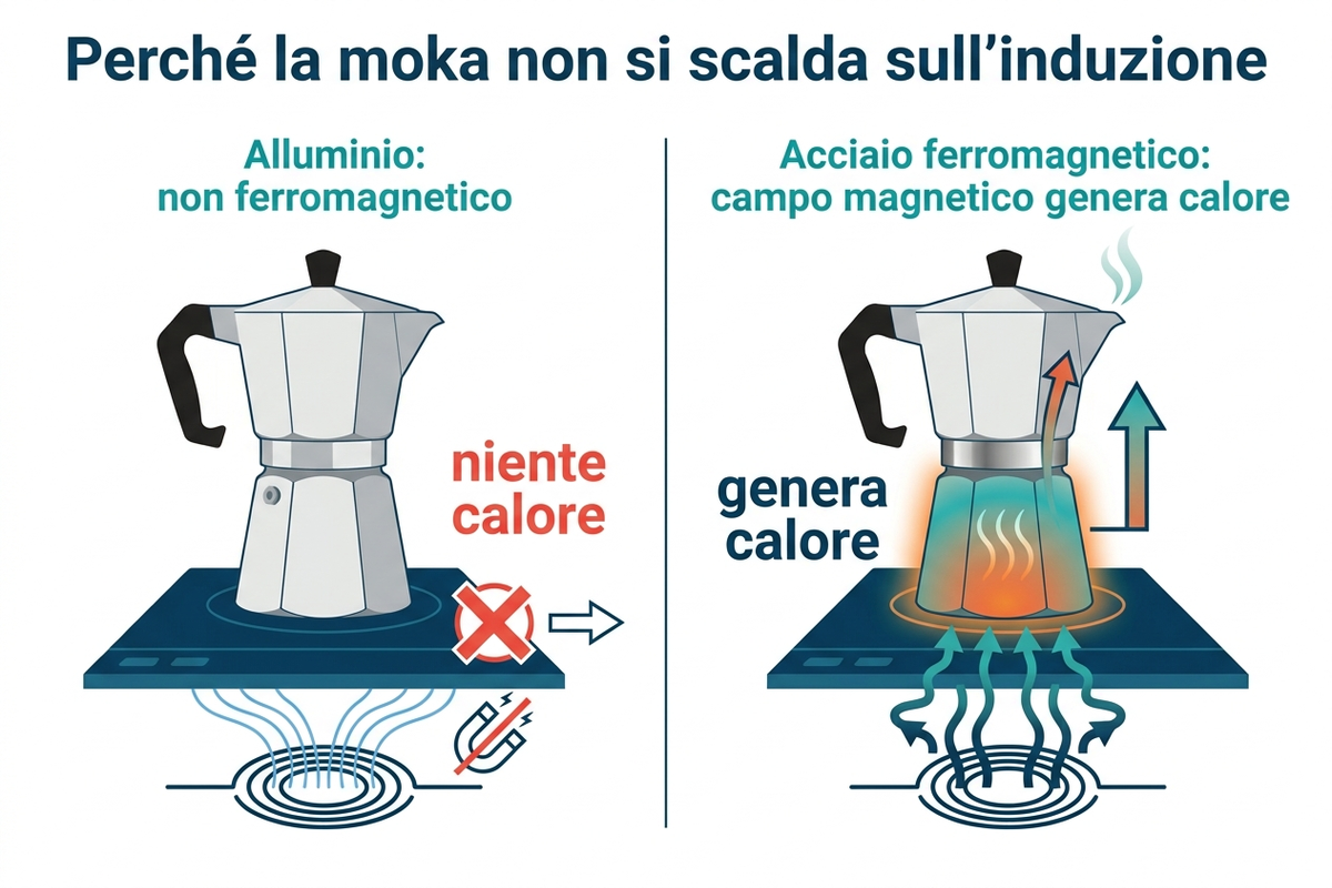 Infografica che spiega perché l'alluminio non si scalda sull'induzione mentre l'acciaio ferromagnetico sì