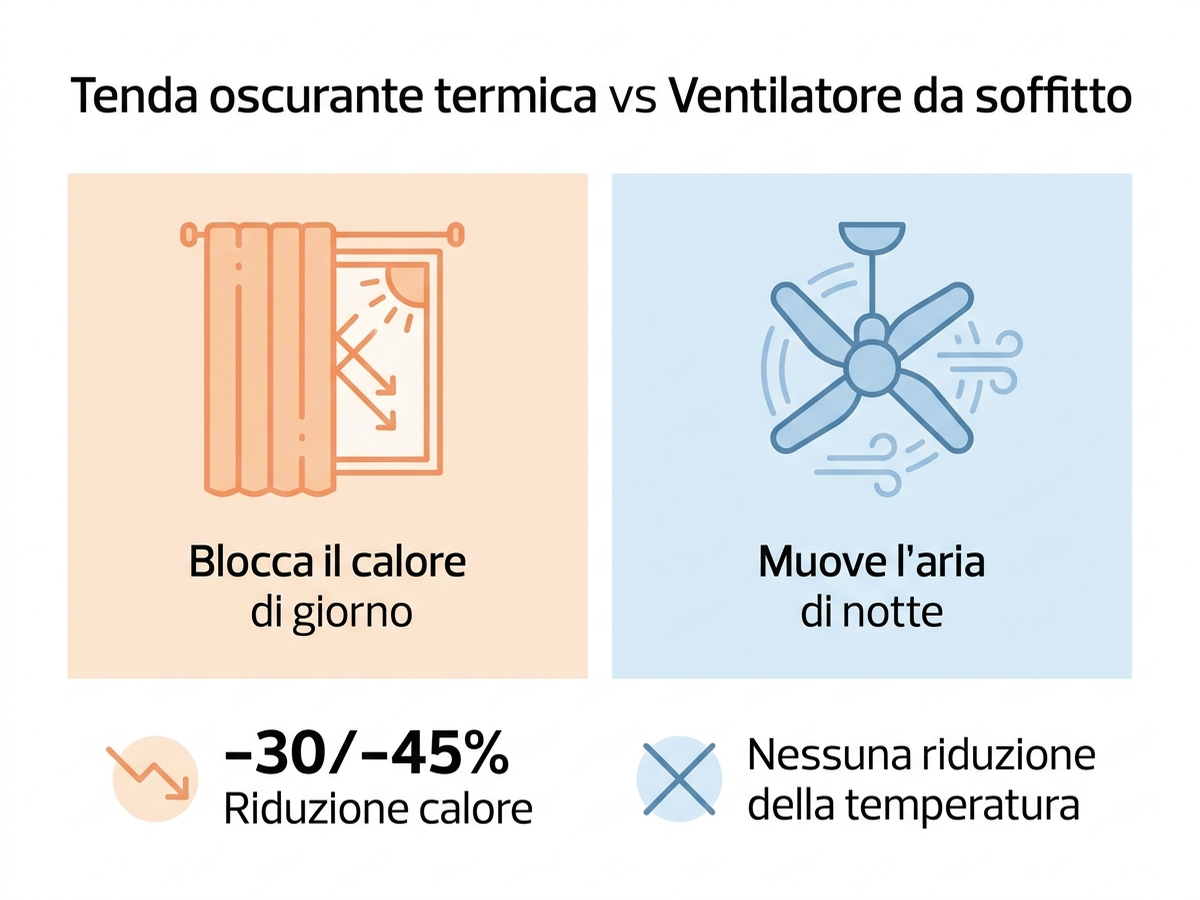 Infografica: come agiscono tenda oscurante termica e ventilatore da soffitto sulla temperatura percepita in camera