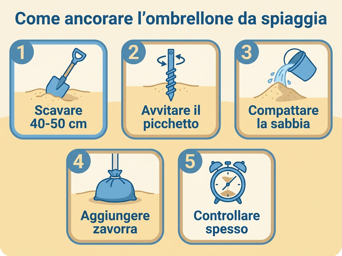 Diagramma passo-passo per ancorare correttamente un ombrellone da spiaggia contro il vento