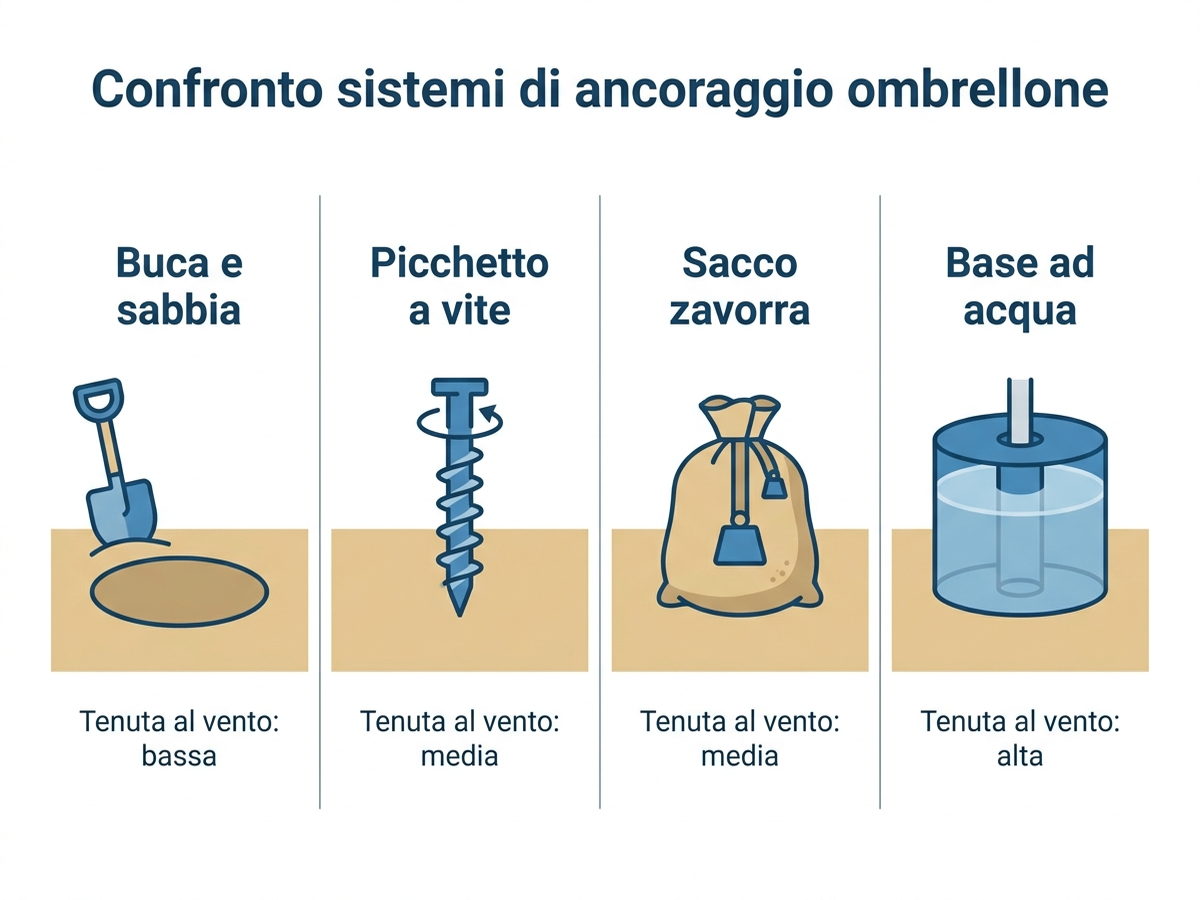 Infografica di confronto tra i quattro principali sistemi di ancoraggio per ombrellone da spiaggia