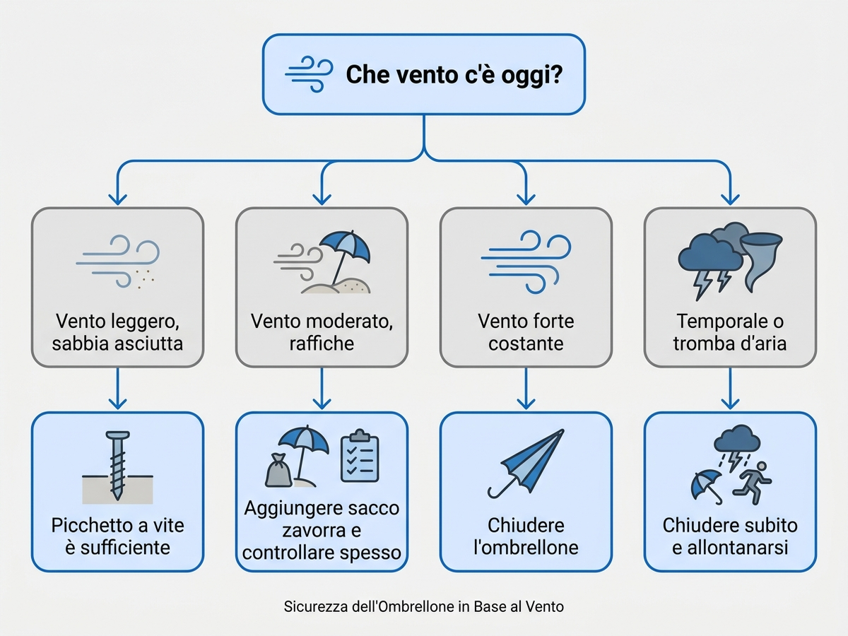 Albero decisionale su quando chiudere l'ombrellone da spiaggia in base all'intensità del vento
