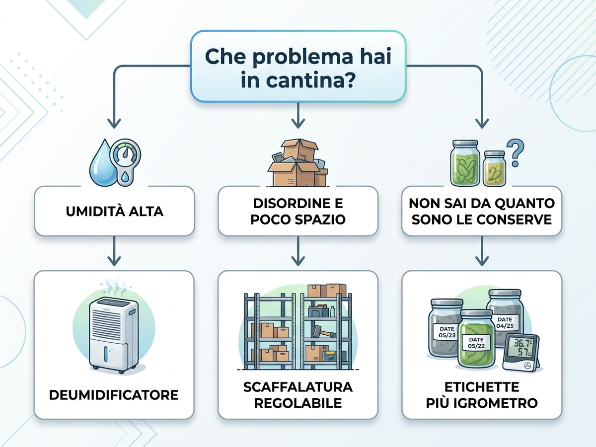 Albero decisionale per scegliere tra deumidificatore, scaffalatura ed etichette in base al problema della cantina