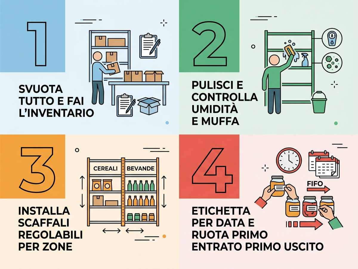 Diagramma dei 4 passaggi per riorganizzare la cantina: inventario, pulizia, scaffali, etichettatura