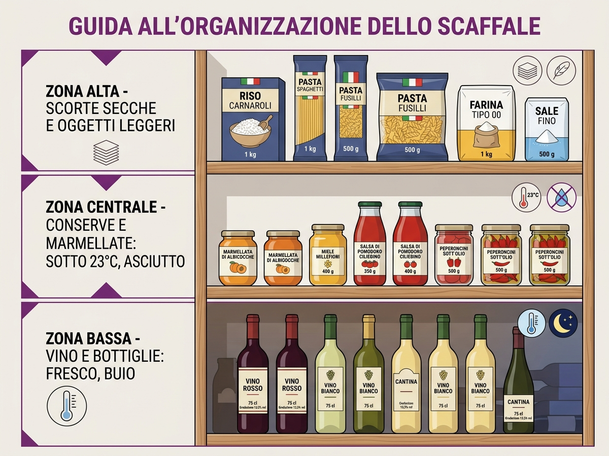 Infografica delle tre zone di uno scaffale da cantina: vino in basso, conserve al centro, scorte secche in alto