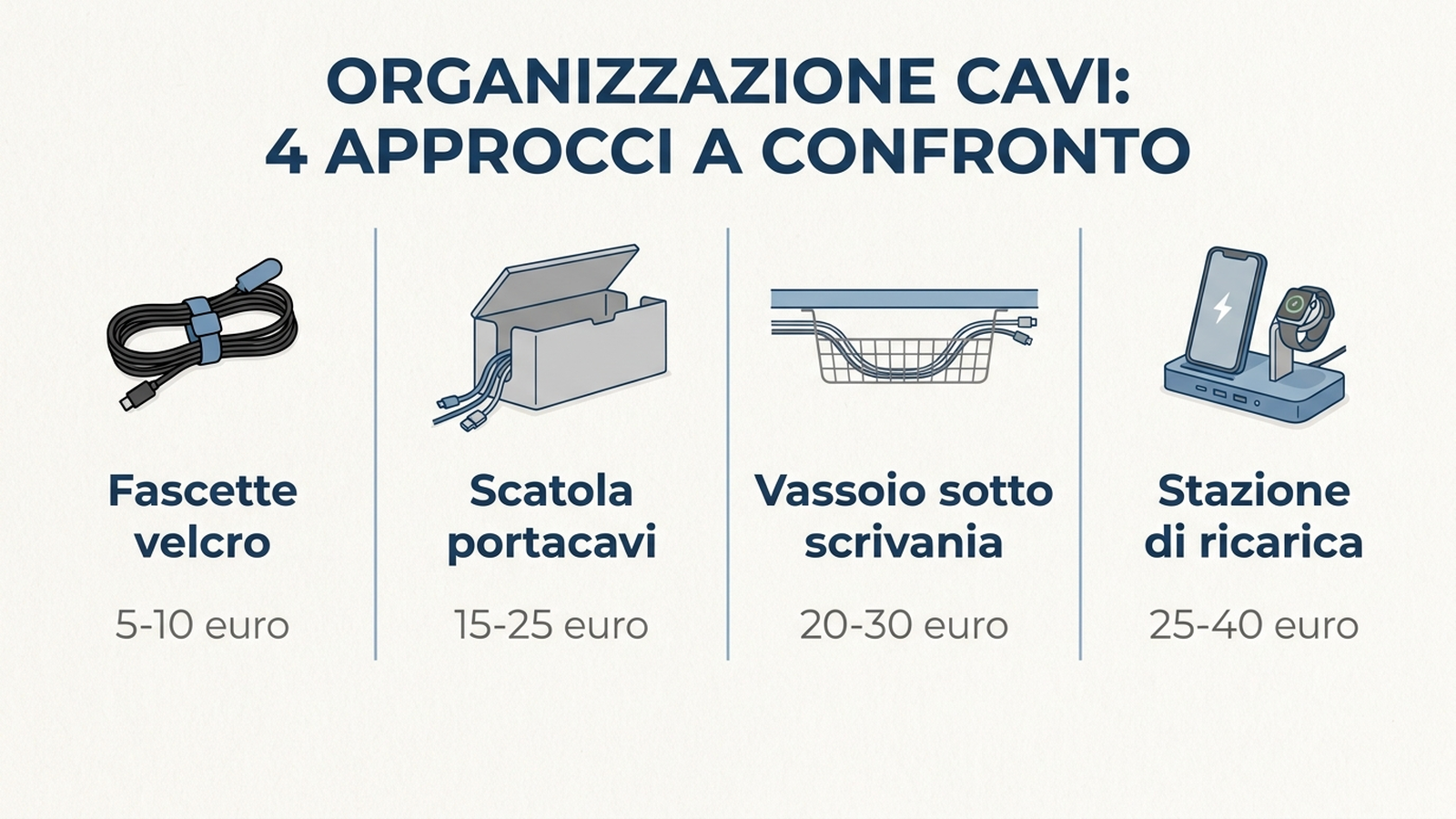 Infografica di confronto tra quattro approcci per organizzare i cavi: fascette velcro, scatola portacavi, vassoio sotto scrivania e stazione di ricarica multi-dispositivo