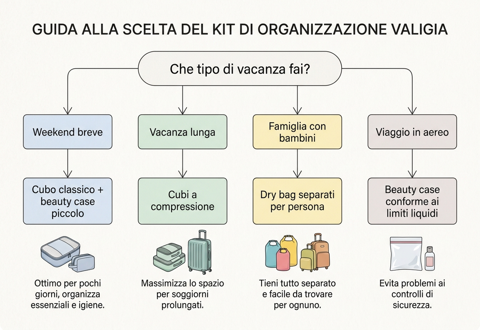 Albero decisionale per scegliere il kit di organizzazione della valigia in base al tipo di vacanza