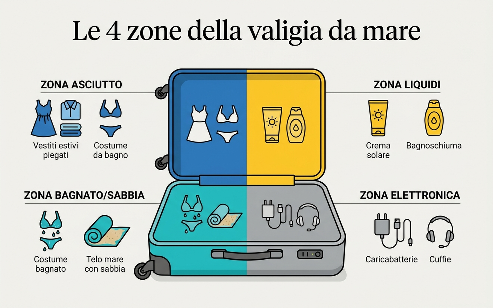 Infografica delle quattro zone del metodo di organizzazione della valigia da mare