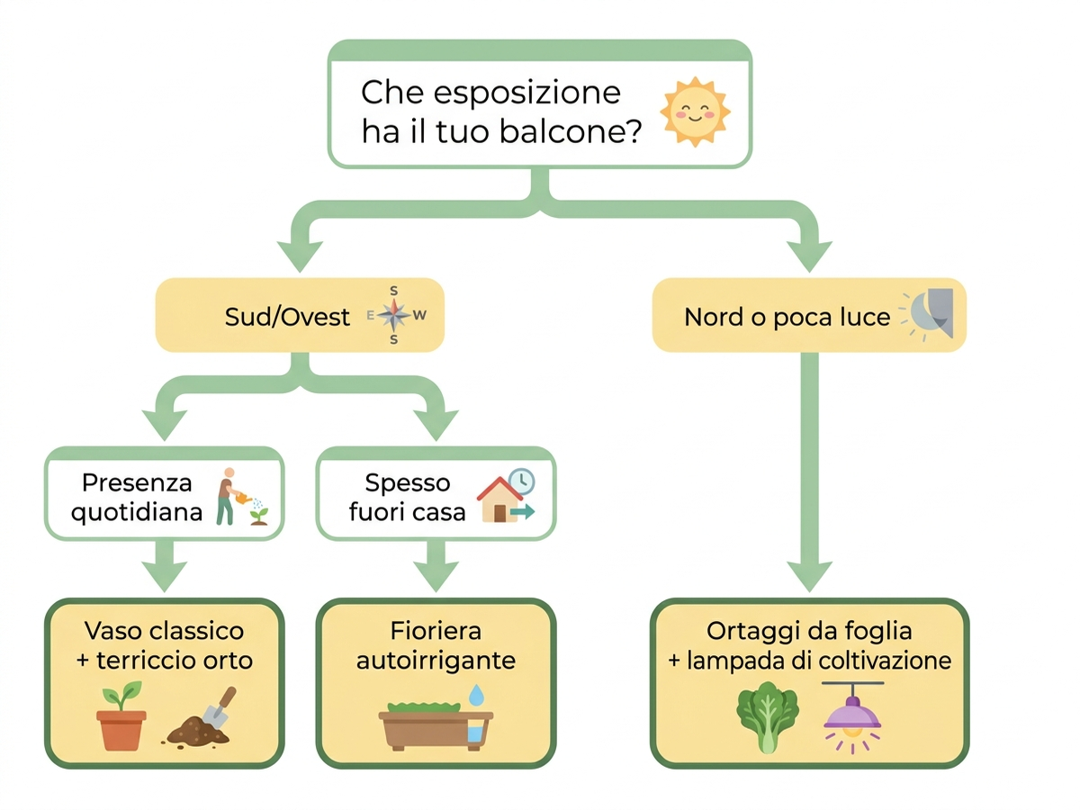 Albero decisionale per scegliere vasi e illuminazione in base a esposizione del balcone e tempo disponibile per l'irrigazione