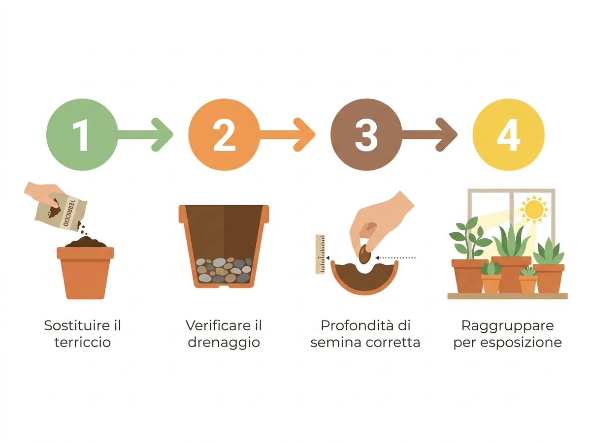 Diagramma dei passaggi per organizzare semina e trapianto autunnale sul balcone: terriccio, drenaggio, semina, esposizione