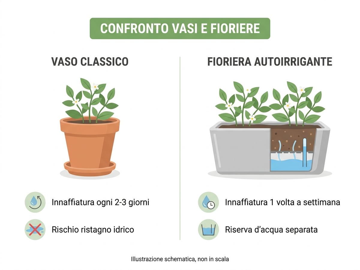 Infografica di confronto tra vaso classico con sottovaso e fioriera autoirrigante: frequenza di irrigazione e capacità