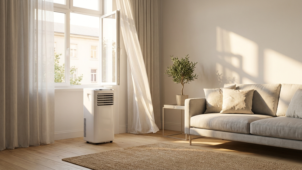 Soggiorno estivo con ventilatore a torre vicino a una finestra aperta