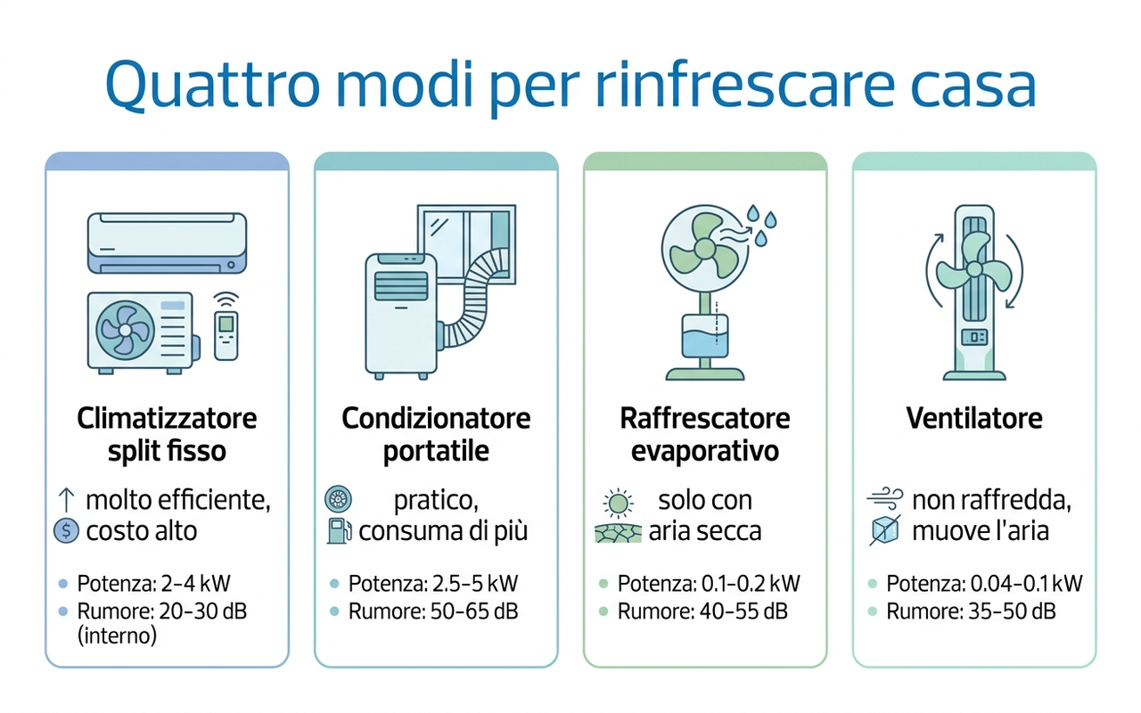 Confronto fra climatizzatore split fisso, condizionatore portatile, raffrescatore evaporativo e ventilatore