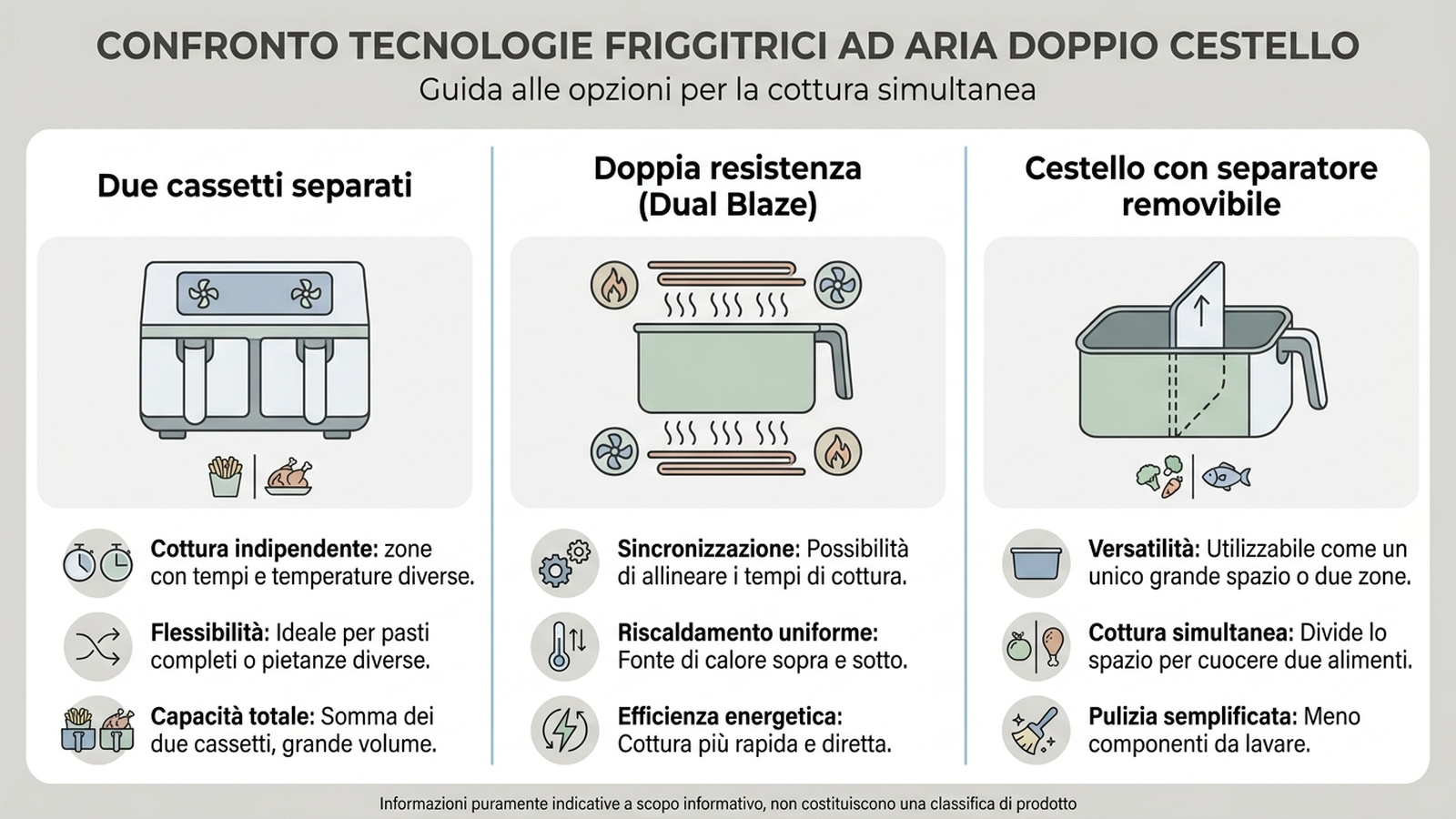 Infografica che confronta tre tecnologie di friggitrici ad aria a doppio cestello: cassetti separati, doppia resistenza Dual Blaze e cestello con separatore rimovibile
