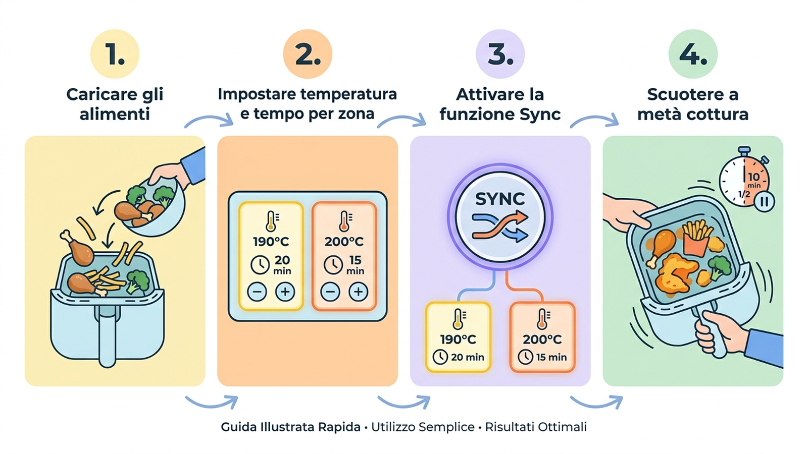 Guida illustrata in quattro passaggi su come usare la funzione di cottura sincronizzata di una friggitrice ad aria a doppio cestello