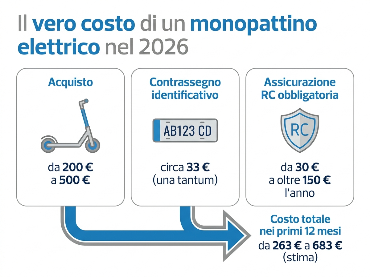 Infografica: il vero costo di un monopattino elettrico nel 2026, tra acquisto, contrassegno e assicurazione