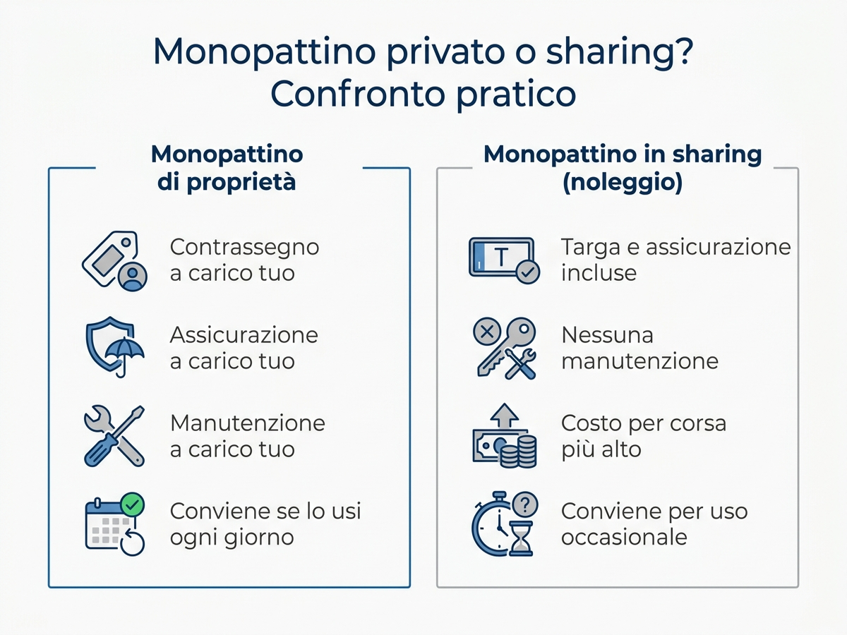 Infografica di confronto tra monopattino di proprietà e monopattino in sharing
