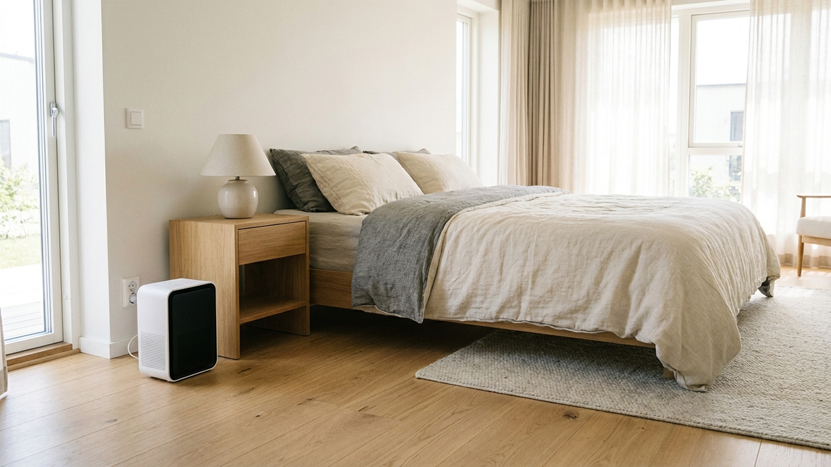 Purificatore d'aria in un angolo di una camera da letto luminosa