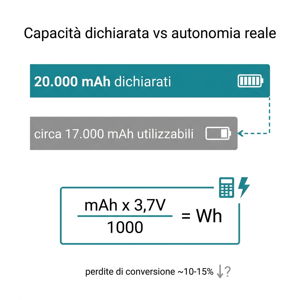Capacità dichiarata contro autonomia reale di un power bank