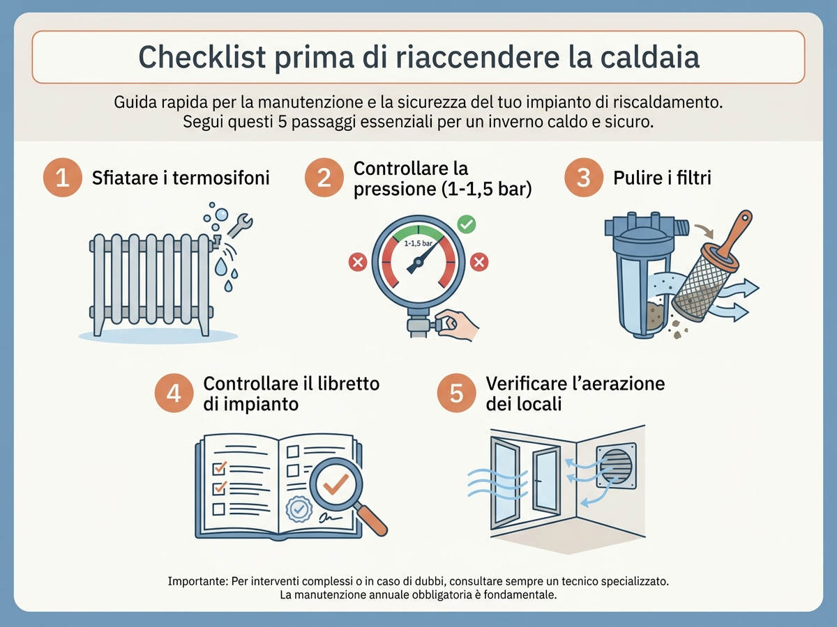 Infografica con checklist a cinque punti per il controllo della caldaia in autunno