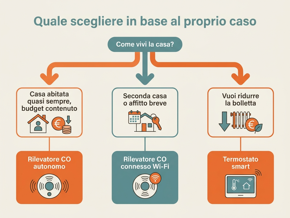 Albero decisionale per scegliere tra rilevatore autonomo, rilevatore connesso e termostato smart in base alla situazione abitativa