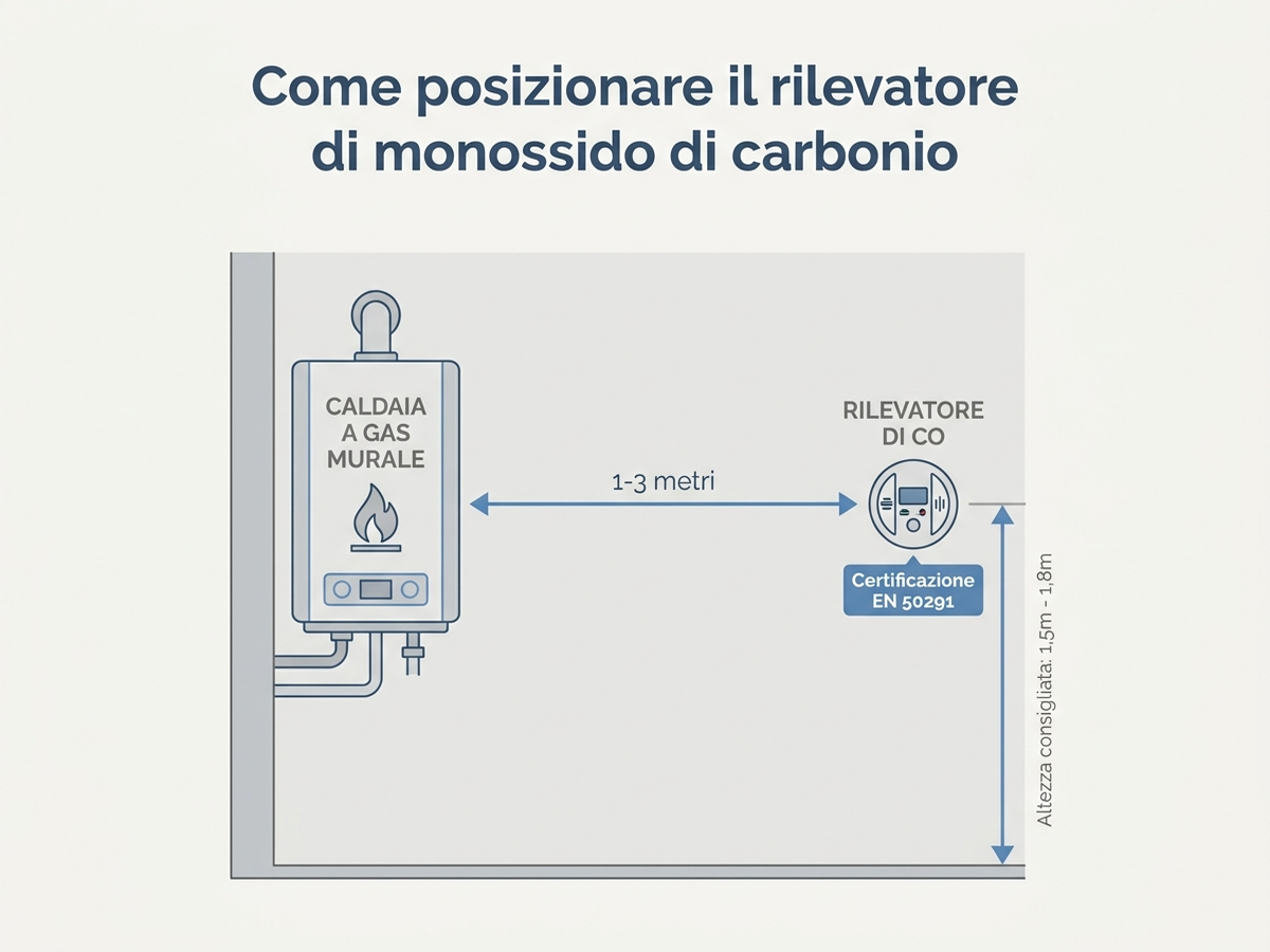 Diagramma con la corretta posizione di installazione di un rilevatore di monossido di carbonio rispetto alla caldaia