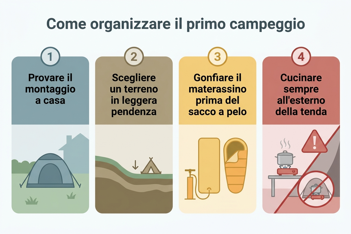 Come organizzare il primo campeggio: montaggio tenda e disposizione dell'attrezzatura