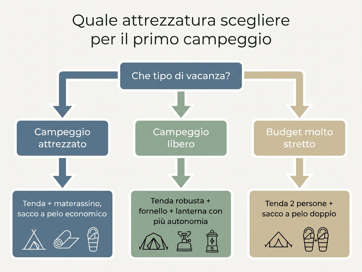 Quale attrezzatura scegliere per il primo campeggio: albero decisionale per budget e tipo di vacanza