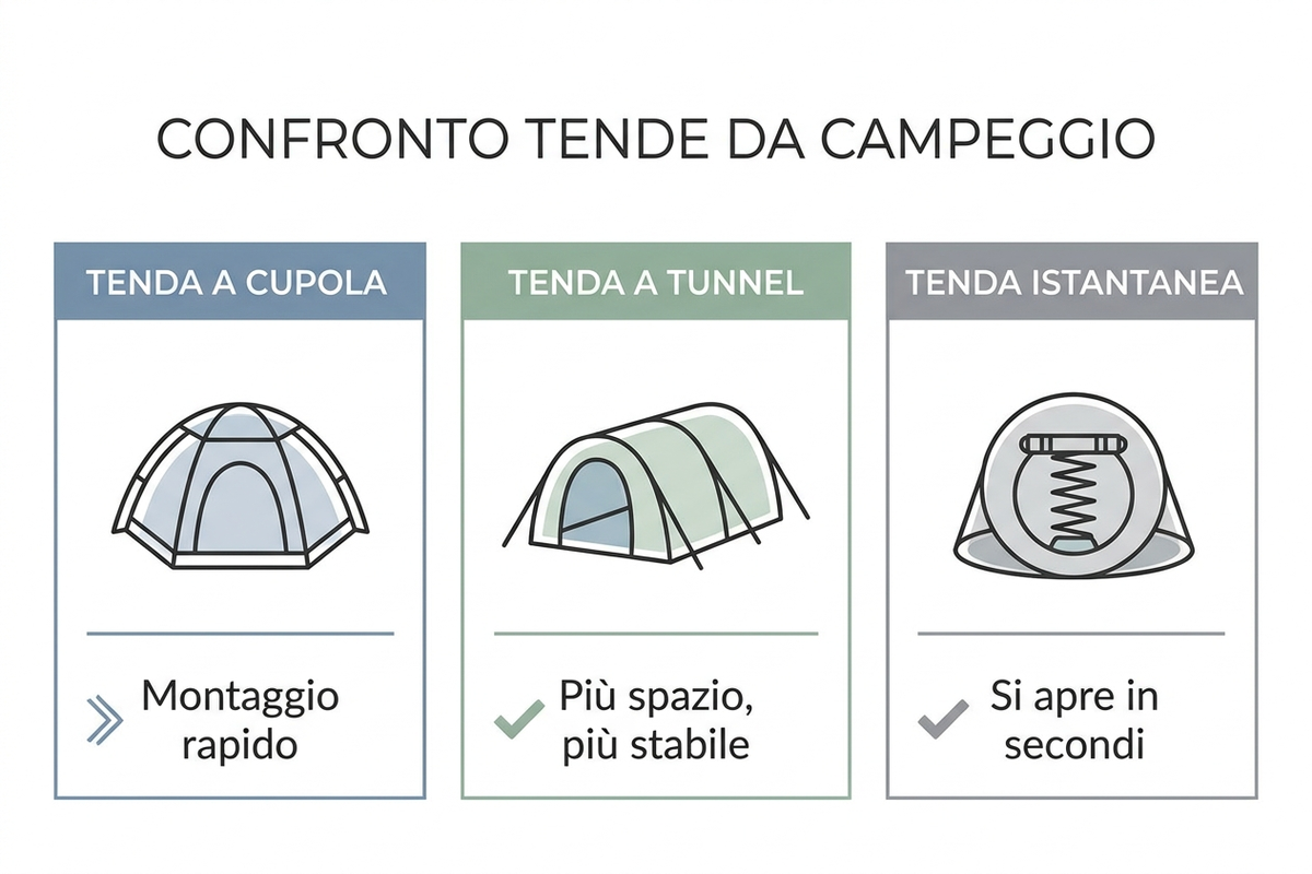 Confronto tipologie di tende da campeggio: cupola, tunnel, istantanea