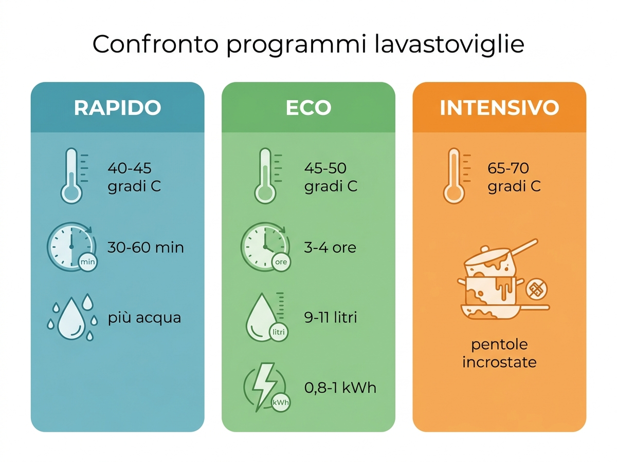 Infografica di confronto tra programma rapido, eco e intensivo della lavastoviglie: temperatura, durata, acqua ed energia