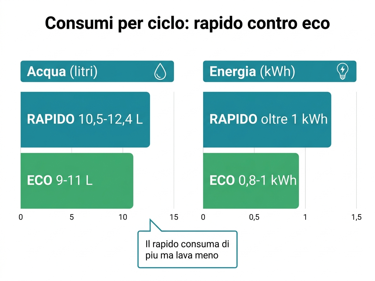 Grafico di confronto dei consumi: il programma rapido usa più acqua ed energia dell'eco