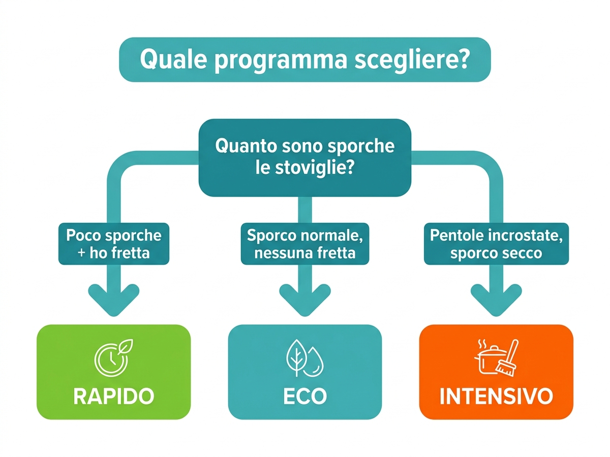 Albero decisionale per scegliere il programma della lavastoviglie in base a sporco e priorità