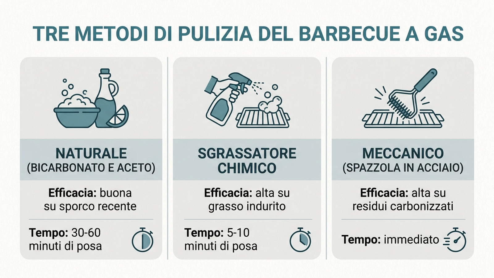 Infografica di confronto tra pulizia naturale con bicarbonato e aceto, sgrassatore chimico spray e pulizia meccanica con spazzola in acciaio