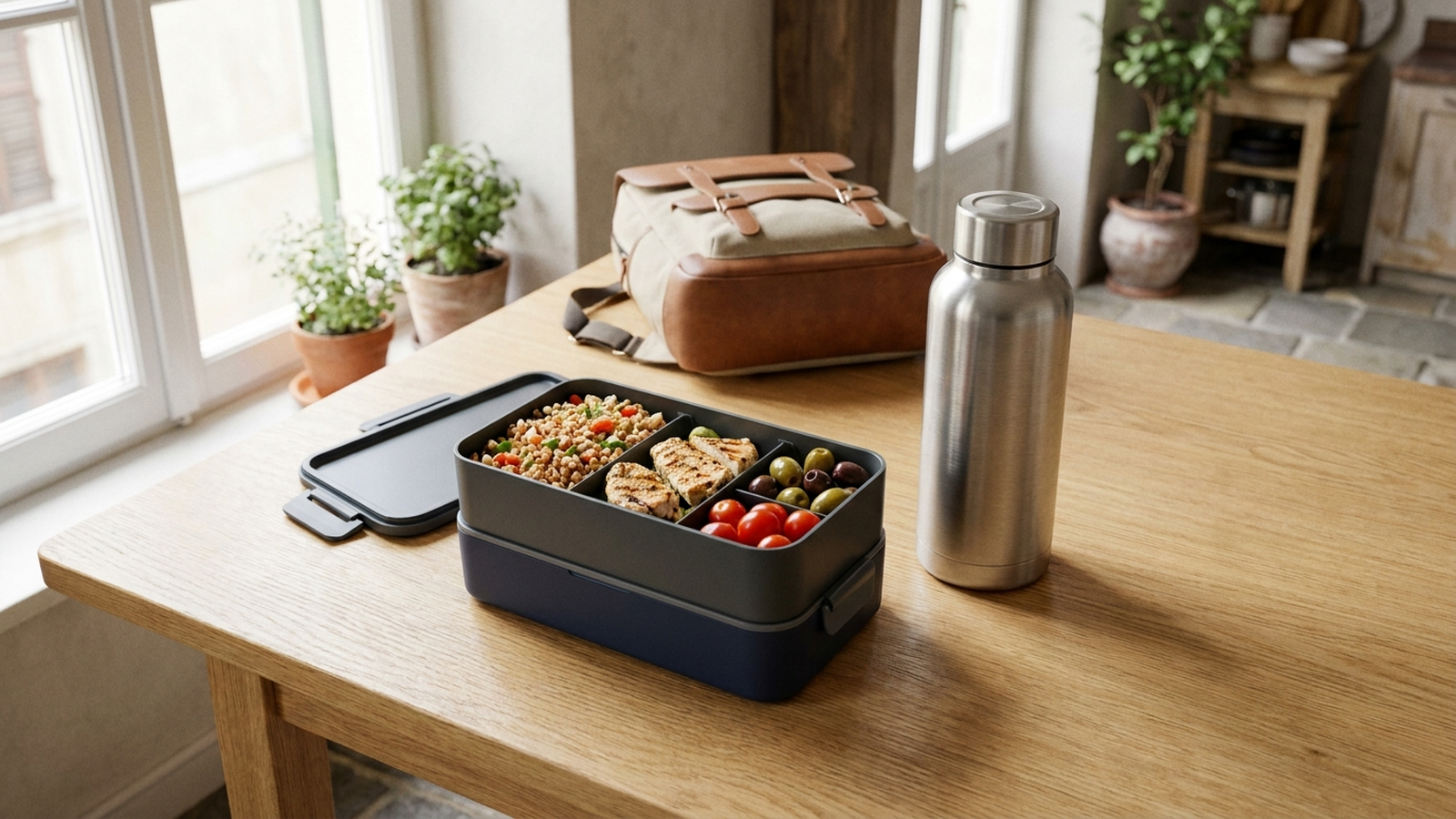 Porta pranzo bento e borraccia termica in acciaio su un tavolo di legno, con uno zaino scolastico sullo sfondo
