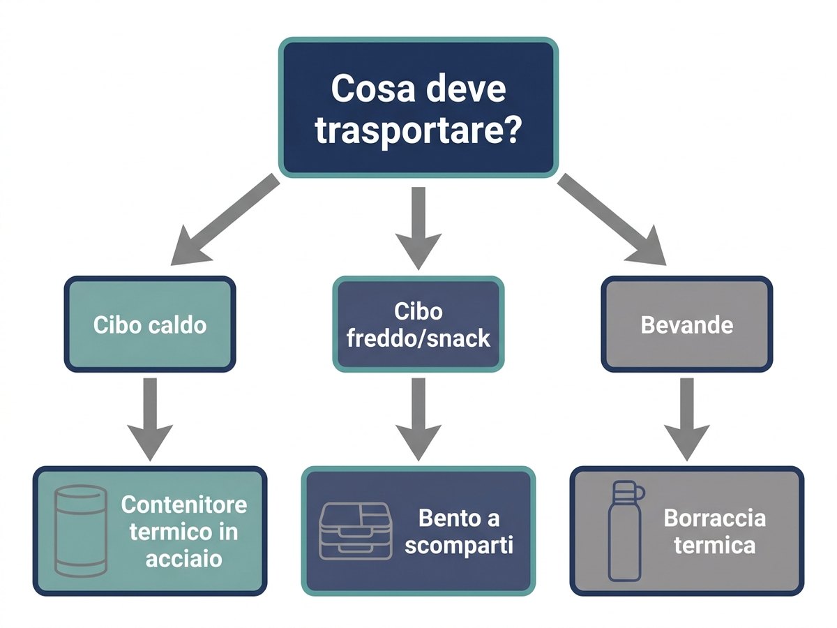 Albero decisionale per scegliere tra contenitore termico in acciaio, bento a scomparti o borraccia termica in base a cosa deve essere trasportato