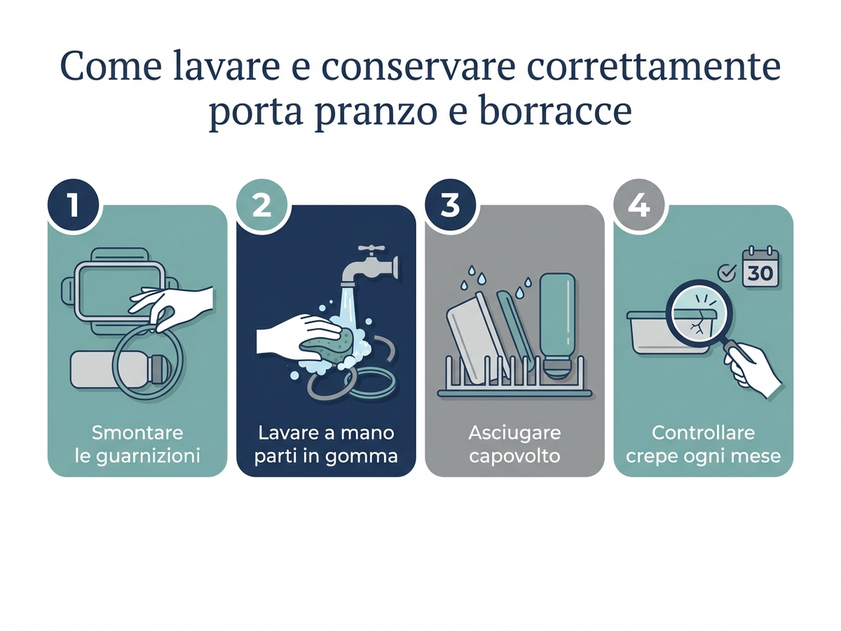 Guida in 4 passaggi per lavare e conservare correttamente porta pranzo e borracce: smontare le guarnizioni, lavare a mano le parti in gomma, asciugare capovolto, controllare crepe ogni mese